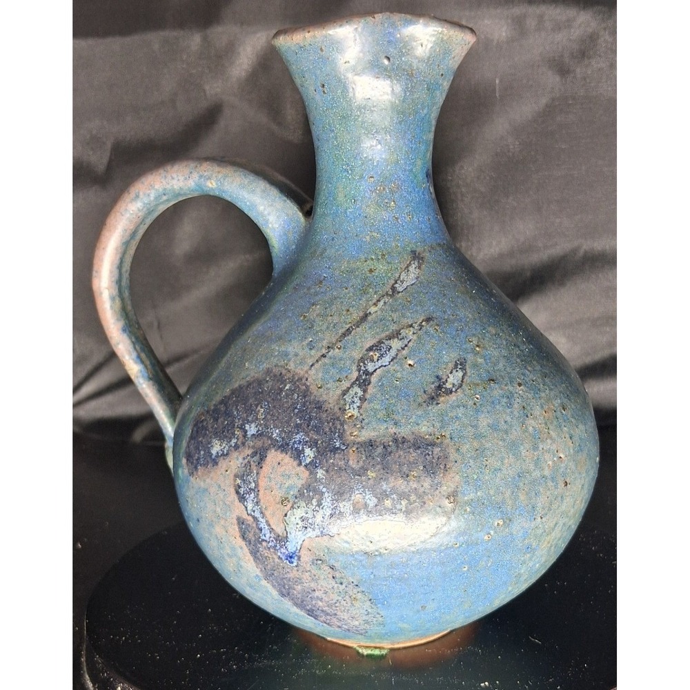 Studio Pottery Blue Glazed Stoneware Pitcher Handcrafted  Signed Kai Vase 5.5"